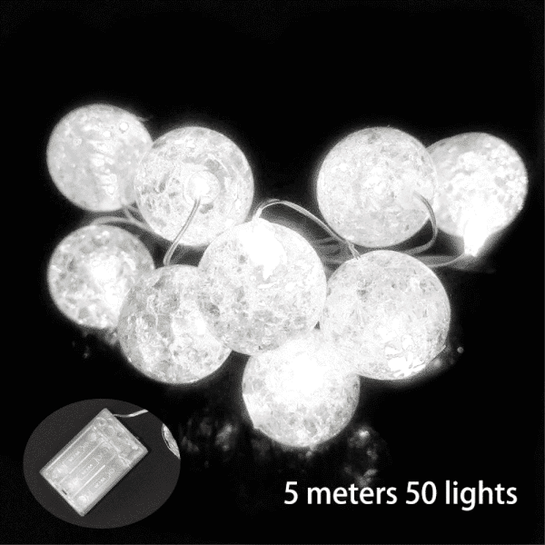 LED Lyskæde m. Krakelerede Bolde i Hvid-5 Meter