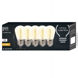 LED Pærer | Plastskærm | 5 stk. pakke | E27 Filament | 1W | (1322)