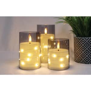 8 stk 3 Led Stager i smoke 3D flamme og varm hvid lyskæde +6/18 TIMER